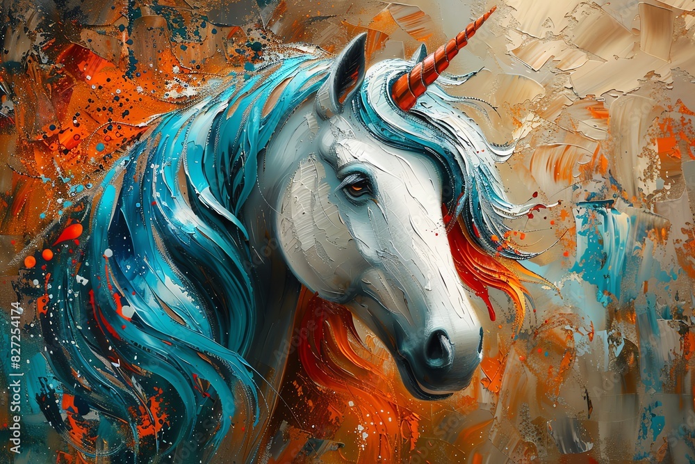 Fototapeta Abstract painting of a white unicorn with blue mane and horn.