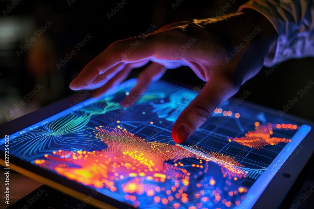 People using tablets to interact with various big data visualizations The screen displays detailed heat maps and graphs. People using tablets to interact with various big data visualizations The screen displays detailed heat maps and graphs.