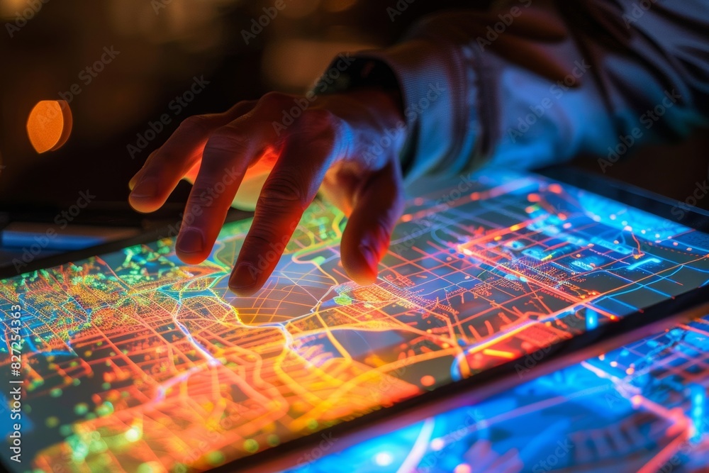 People using tablets to interact with various big data visualizations The screen displays detailed heat maps and graphs. People using tablets to interact with various big data visualizations The screen displays detailed heat maps and graphs.