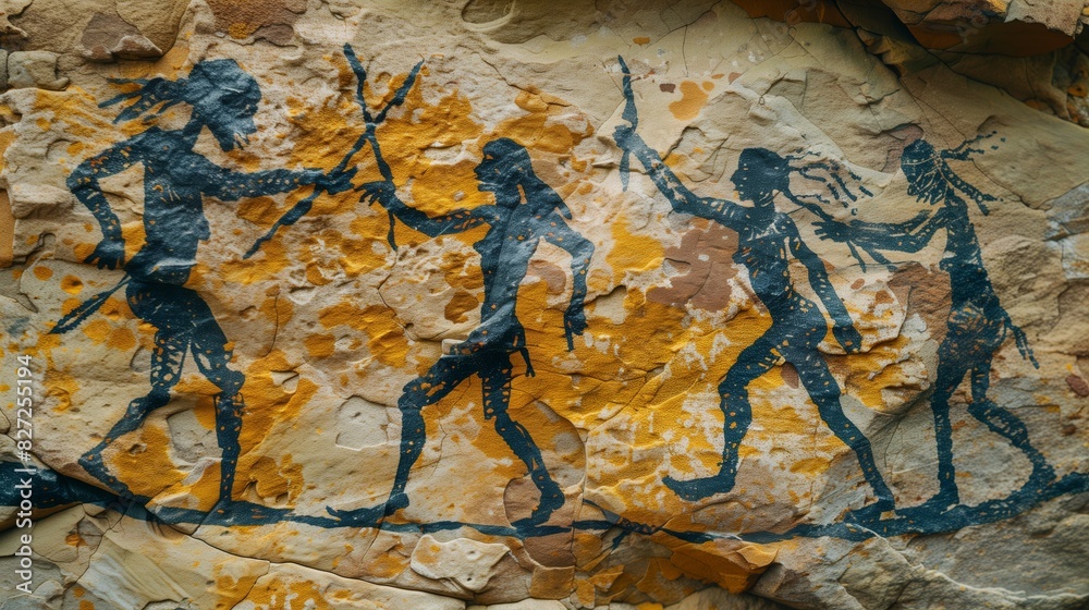 Ancient rock paintings show primitive people fighting and dancing, offering insights into early human cultures.