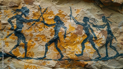 Obraz na płótnie Ancient rock paintings show primitive people fighting and dancing, offering insights into early human cultures. w salonie