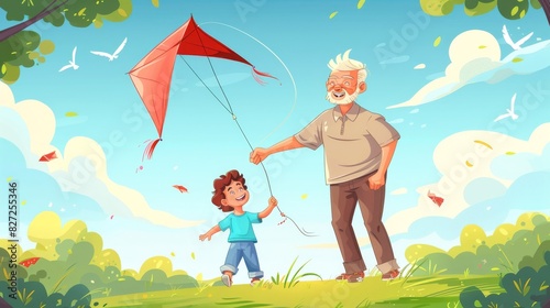 A grandfather and grandchild flying a kite together on a breezy day at the park cartoon Vector Illustration © GenerativeAIpicture