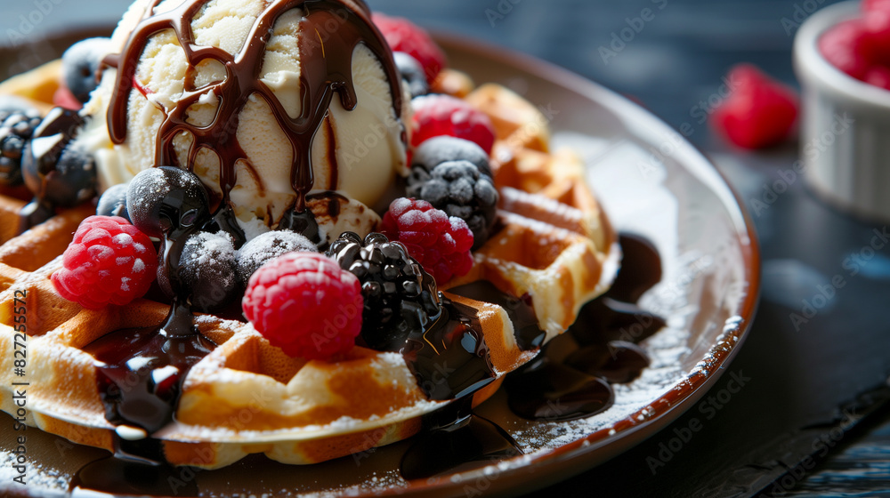 Gourmet Waffle with Vanilla Ice Cream and Berries Gourmet Waffle with Vanilla Ice Cream and Berries