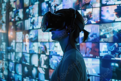 Person immersed in virtual reality experience By wearing a VR headset, around the person there are various holographic interfaces. © wpw