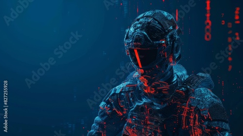 Digital binary silhouette of a scifi soldier, top view  Soldier outlined with flowing binary code coded soldier  digital binary as object  Vivid
