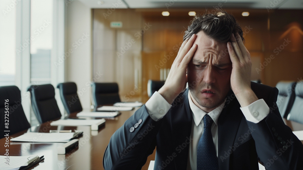 Stressed Businessman in Boardroom: Dealing with Headache and Frustration Stressed Businessman in Boardroom: Dealing with Headache and Frustration