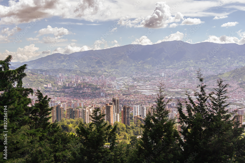 Fototapeta premium Creative panorama (cityscape) of Medellin, Medellín, Antioquia, Colombia, on a sunny day. The pictures shows condominiums.
