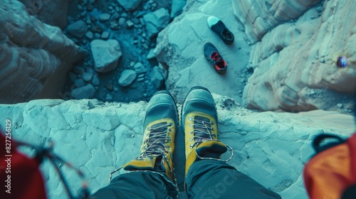 Advanced navigation shoes in an exploration mission, top view  Explorers using GPSenabled shoes in unknown terrains guided exploration  advanced tone  Triadic Color Scheme photo