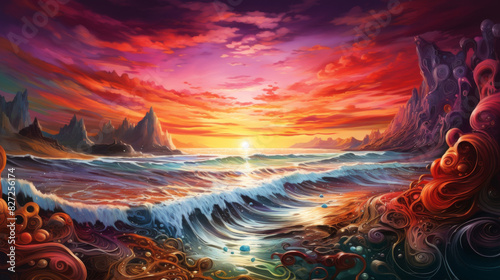 A painting of a beach with a sunset in the background #827256174