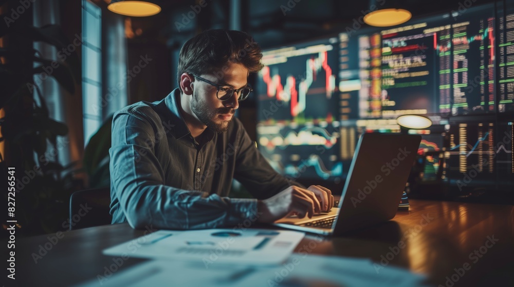 Entrepreneur analyzing stock market trends on a laptop, with documents and graphs spread on the desk,emphasizing the significance of secure investment Entrepreneur analyzing stock market trends on a laptop, with documents and graphs spread on the desk,emphasizing the significance of secure investment