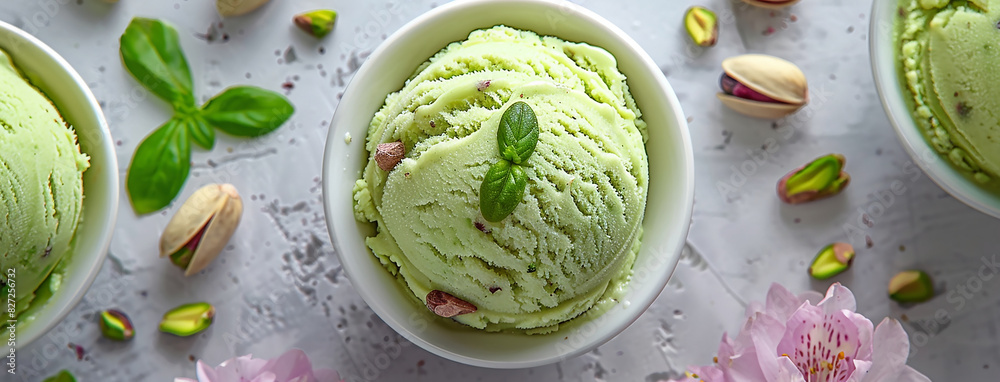 Obraz premium Wide banner photo of delicious scoop of creamy green color pistachio ice cream sorbet on an icecream cup with nuts and pieces around in white background