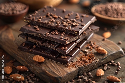 chocolate bars, wooden board, almonds, chocolate bar texture, soft light, 45 degree side angle, dynamic photography