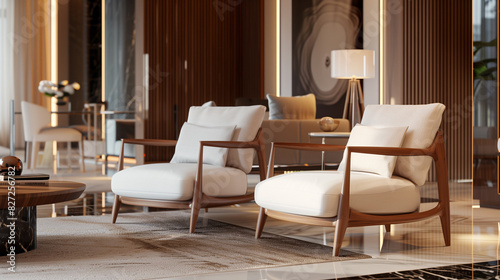 elegant camel accent chairs featuring white cushions  adding sophistication and contrast to the transitional living room.