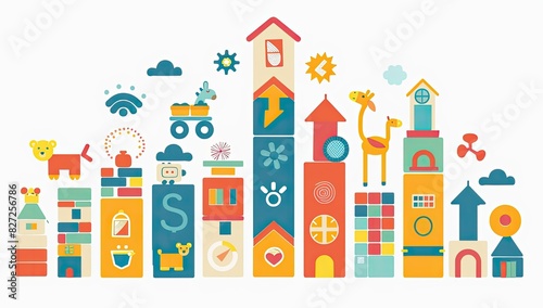 Playful Urban Scene with Vibrant Colors and Icons