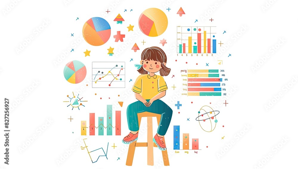 Young Girl Learning with Colorful Infographics Young Girl Learning with Colorful Infographics