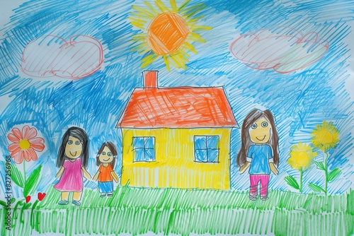 A colorful children's drawing of a family standing near a house with flowers, the sun, and clouds in the sky.