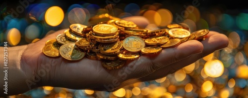A person's hand holding a pile of shiny gold coins with a blurred background, representing wealth, treasure, and abundance.