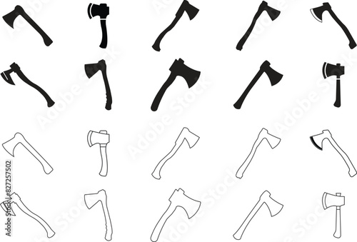 Set of Wooden Flat axe icons. Elements for business woodworking or lumberjack emblems with editable stock. Builder construction metal with handles made of wood isolated on Transparent background.