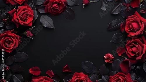 Fototapeta Naklejka Na Ścianę i Meble -  Black background with more red roses at the bottom of the frame.