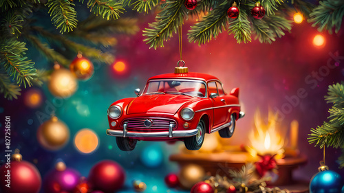 A New Year's toy red car hangs on a branch of the New Year tree. christmas holiday concept