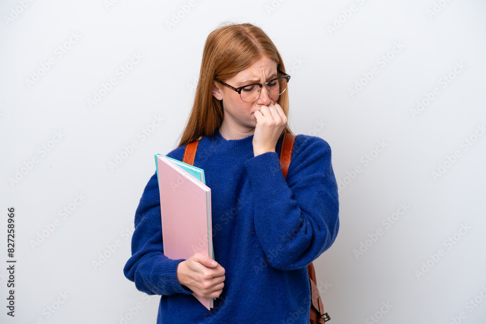 Young student redhead woman isolated on white background having doubts Young student redhead woman isolated on white background having doubts