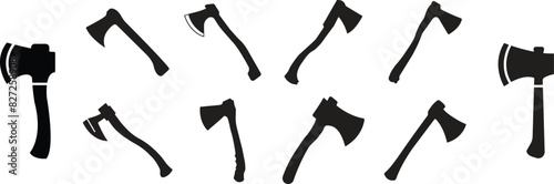 Set of Wooden Fill axe icons. Elements for business woodworking or lumberjack emblems or icons. Builder construction metal axes with handles collection made of wood isolated on Transparent background.