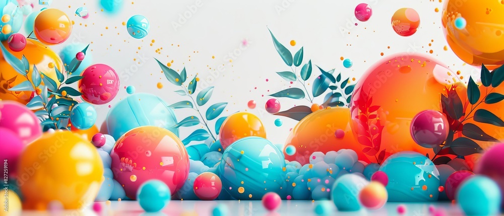 Vibrant abstract art featuring colorful spheres and leaves, creating a dynamic and energetic composition. Perfect for modern decor and digital use. Vibrant abstract art featuring colorful spheres and leaves, creating a dynamic and energetic composition. Perfect for modern decor and digital use.
