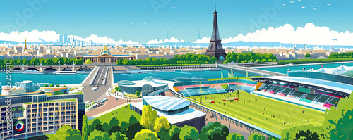 A detailed illustration of a modern sports complex in Paris with the Eiffel Tower, featuring green fields, futuristic buildings, and a river photo