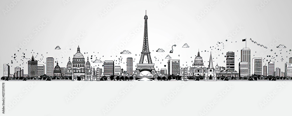 Simple line art of Paris skyline featuring the Eiffel Tower and other landmarks in black and white Simple line art of Paris skyline featuring the Eiffel Tower and other landmarks in black and white