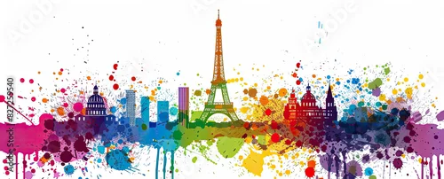 Panel kuchenny z motywem Colorful abstract Paris skyline with the Eiffel Tower and other landmarks in rainbow splatter style