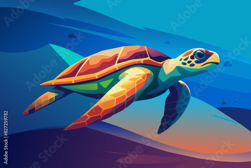Sea turtle in the ocean at sunset. Vector illustration in cartoon stylel