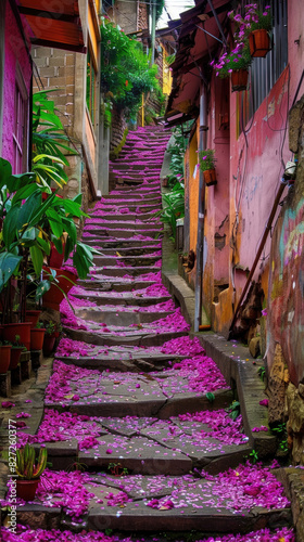 A set of steps covered in vibrant purple flowers © sommersby