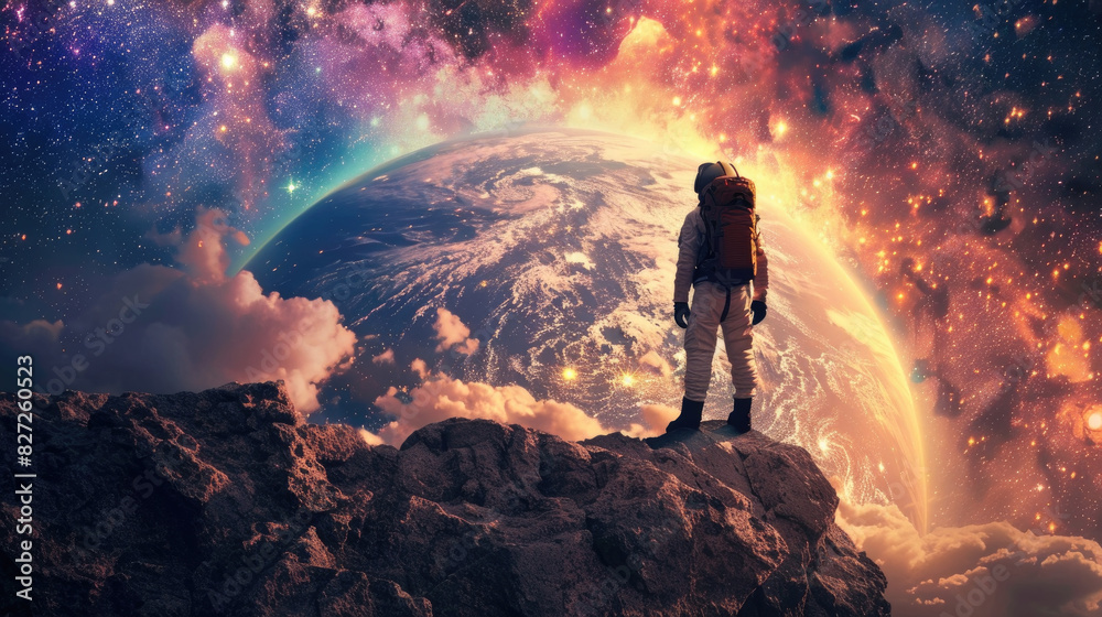 Fototapeta premium A person standing on top of a mountain, gazing down at the Earth below