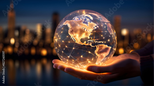 Hands gently cradle a glowing globe with golden light connections. Urban backdrop with warm bokeh lights suggests sunset/sunrise. Evokes global connectivity, technology, and hope.