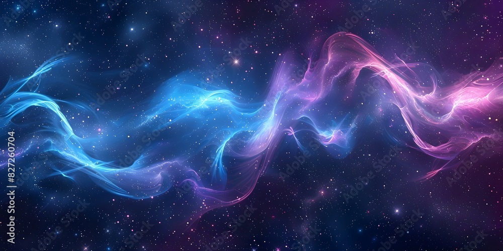A Creative Depiction of Interwoven Blue and Purple Waves Against a Starry Background. Concept Abstract Art, Starry Sky, Blue Waves, Purple Waves, Interwoven Patterns