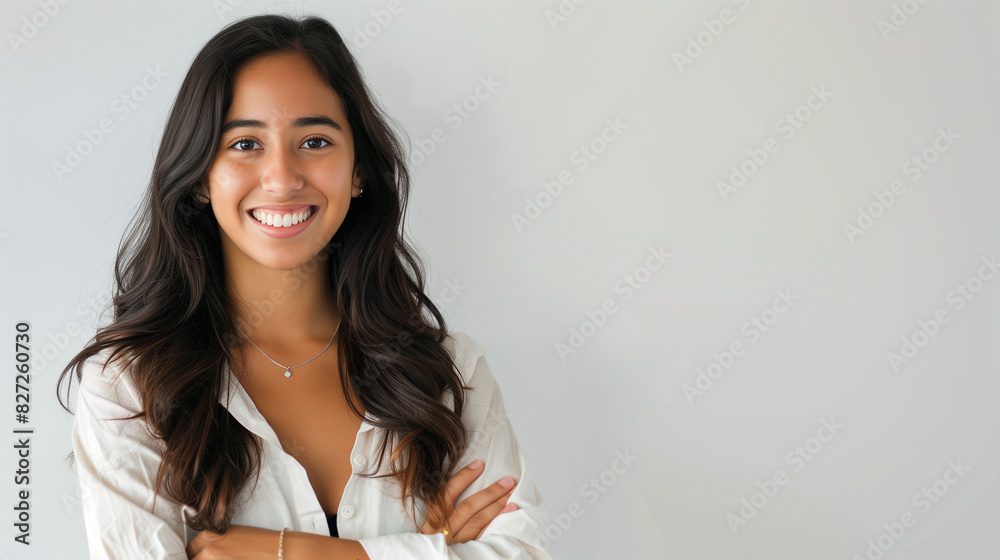 Confident Young Woman in Friendly Pose on White Background Confident Young Woman in Friendly Pose on White Background