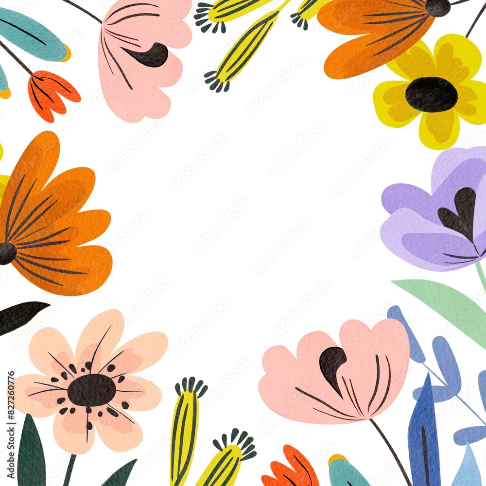 Greeting card, banner, poster, flyer, label or cover with flowers frame, abstract floral pattern in minimal art style. Spring summer bright abstract floral design template for ads promo. Greeting card, banner, poster, flyer, label or cover with flowers frame, abstract floral pattern in minimal art style. Spring summer bright abstract floral design template for ads promo.