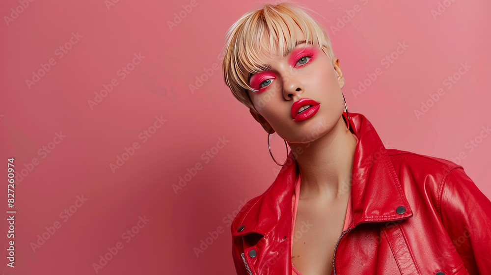 A pretty young woman with stylish short blonde hair and bright pink makeup poses in a red jacket against a pink background. Makeup and hair styling. A pretty young woman with stylish short blonde hair and bright pink makeup poses in a red jacket against a pink background. Makeup and hair styling.