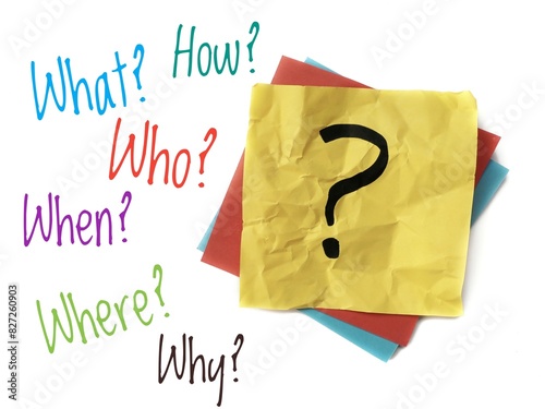 Colorful poster for The Five Ws and H: why, when, who, where, what and how questions next to a yellow sticky note with a black question mark on a white background. 6ws or Six honest-serving men