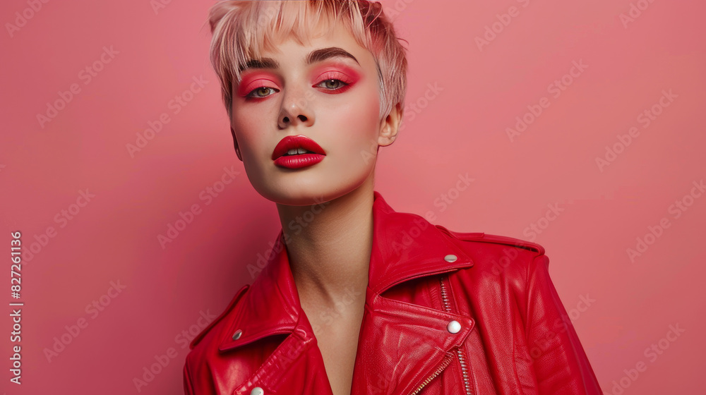 A pretty young woman with stylish short blonde hair and bright pink makeup poses in a red jacket against a pink background. Makeup and hair styling. A pretty young woman with stylish short blonde hair and bright pink makeup poses in a red jacket against a pink background. Makeup and hair styling.