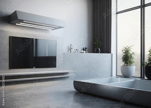 a sleek bathroom vanity in a minimalist  dark bathroom