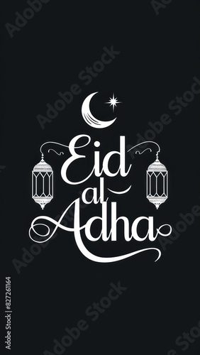 Minimalist Design Featuring the Greeting Eid Al Adha with Dark Background and Lantern