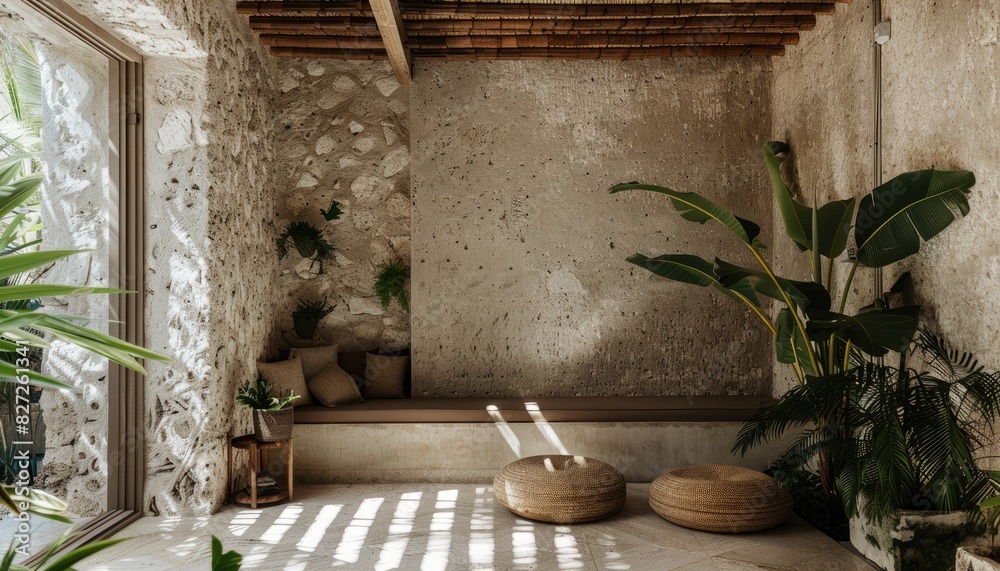 Luxurious hotel interior design, with limestone and concrete accents, created with AI Luxurious hotel interior design, with limestone and concrete accents, created with AI