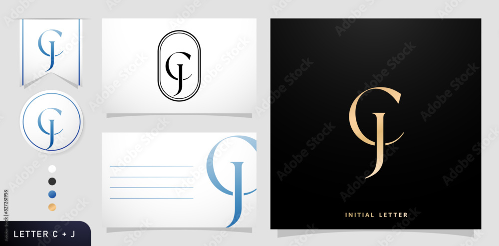 Obraz premium a set of business cards with the letter CJ Luxury Initials Letters C and J Logos Designs in Blue Colors for branding ads campaigns, letterpress, embroidery, covering invitations, envelope sign symbols