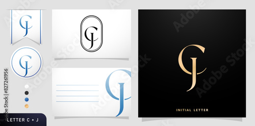 a set of business cards with the letter CJ Luxury Initials Letters C and J Logos Designs in Blue Colors for branding ads campaigns, letterpress, embroidery, covering invitations, envelope sign symbols