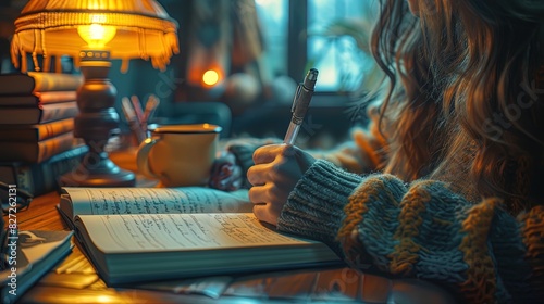 A woman is writing in a notebook with a pen