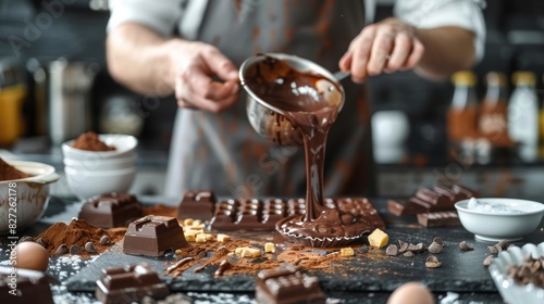 A skilled chocolatier in a modern kitchen pouring melted chocolate into molds, with tools and ingredients around photo