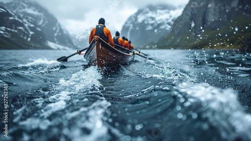 An image of a team rowing a boat in unison, symbolizing synchronized effort in business. photo