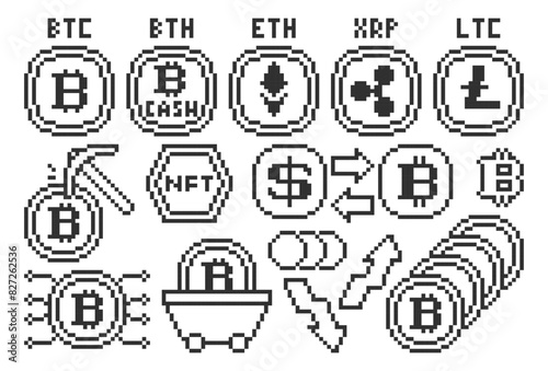 Set of Cryptocurrency in Pixel Style. Currency dollar, bitcoin, ethereum, ripple, NFT, litecoin and coin. Vector illustration
