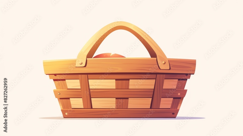 A charming and whimsical wooden picnic basket icon presented in a cartoonish and flat design perfect for web use and set against a clean white backdrop A charming and whimsical wooden picnic basket icon presented in a cartoonish and flat design perfect for web use and set against a clean white backdrop